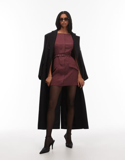 ASOS DESIGN - Vestito corto color porpora con scollo a barchetta e cintura