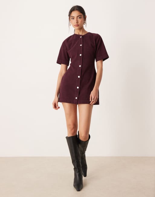 ASOS DESIGN - Vestito corto color prugna in tessuto a coste con bottoni, 2 di 4