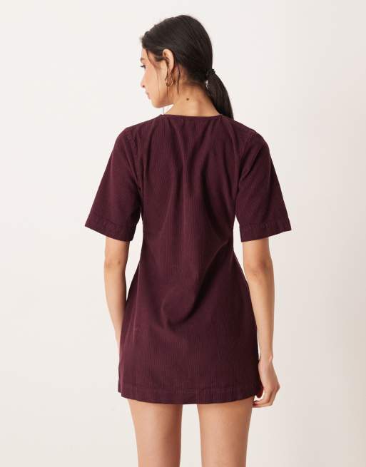 ASOS DESIGN - Vestito corto color prugna in tessuto a coste con bottoni, 3 di 4