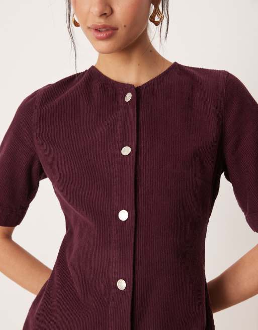 ASOS DESIGN - Vestito corto color prugna in tessuto a coste con bottoni, 4 di 4