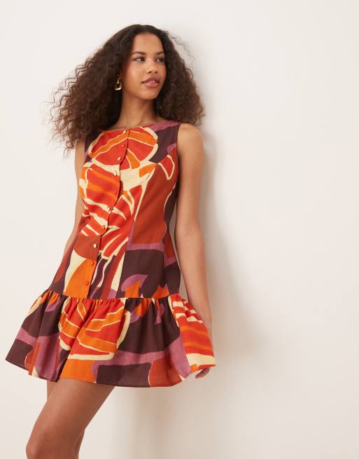 ASOS DESIGN - Vestito corto color terracotta con stampa, scollo dritto, vita scesa e bottoni