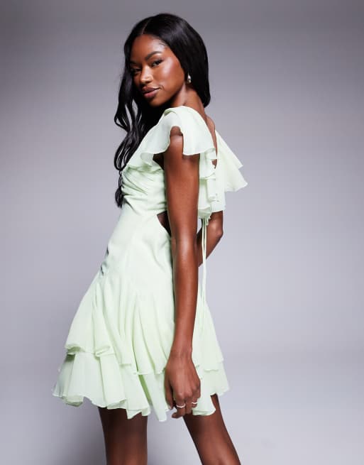 ASOS DESIGN dropped waist full skirt mini dress in sage green