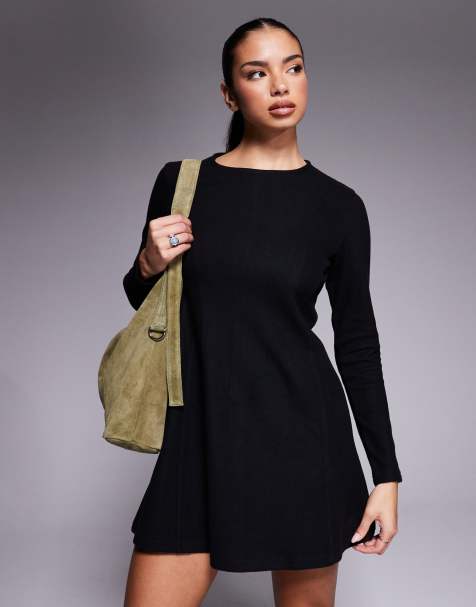 ASOS DESIGN - Vestito corto con corpino aderente e gonna svasata nero morbidissimo a maniche lunghe - view 1