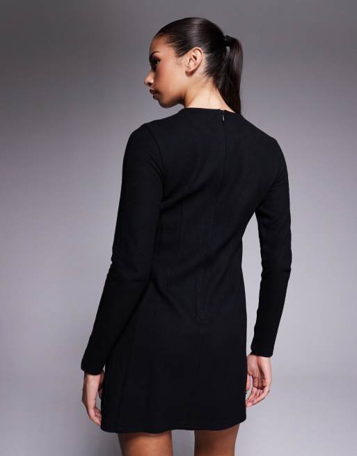 ASOS DESIGN - Vestito corto con corpino aderente e gonna svasata nero morbidissimo a maniche lunghe, 2 di 4