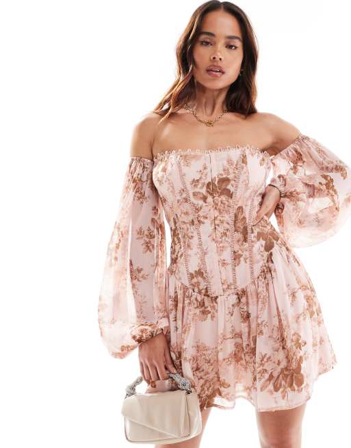 ASOS DESIGN - Vestito corto con corsetto e scollo bardot rosa a fiori con peplo