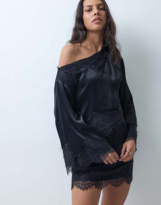 ASOS DESIGN vestito corto con dettaglio in pizzo a spalle scoperte nero, 1 di 4