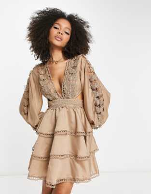 Abo da sposa corto con maniche a campana staccabili in pizzo Boho - Lunss