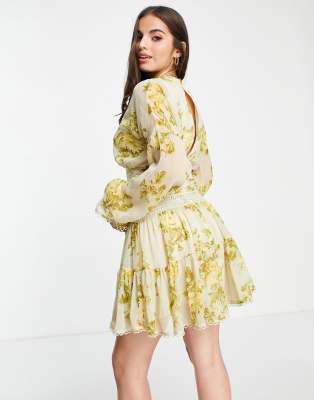 Vestito corto con maniche a campana e inserti in pizzo con stampa e lacci-Multicolore - ASOS DESIGN  donna Multicolore - immagine2