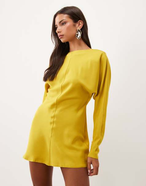 ASOS DESIGN vestito corto con maniche a pipistrello e schiena ad anello in giallo oro - view 1