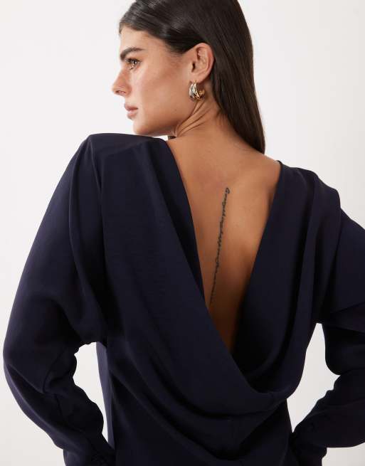 ASOS DESIGN vestito corto con maniche a pipistrello e schiena ad anello in navy, 2 di 4