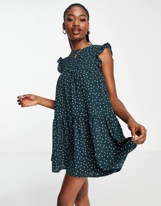 ASOS DESIGN - Vestito corto con maniche con volant verde a pois