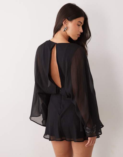 ASOS DESIGN vestito corto con maniche lunghe, davanti attorcigliato e schiena scoperta, nero, 3 di 4