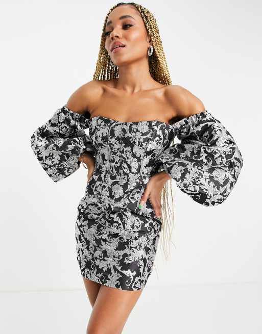 ASOS DESIGN - Vestito corto con maniche super voluminose e corsetto in jacquard argento e nero