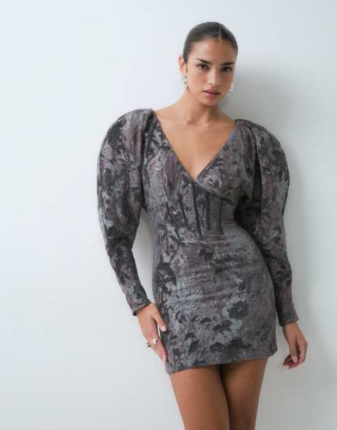 ASOS DESIGN vestito corto con maniche voluminose in jacquard grigio - view 1
