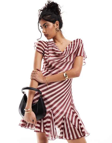 ASOS DESIGN - Vestito corto con scollo ad anello e inserto a godet ruggine a righe - view 1