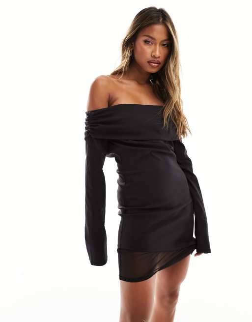 ASOS DESIGN - Vestito corto con scollo alla Bardot stile anni '90 nero con strato sovrapposto in rete a contrasto, 4 di 4