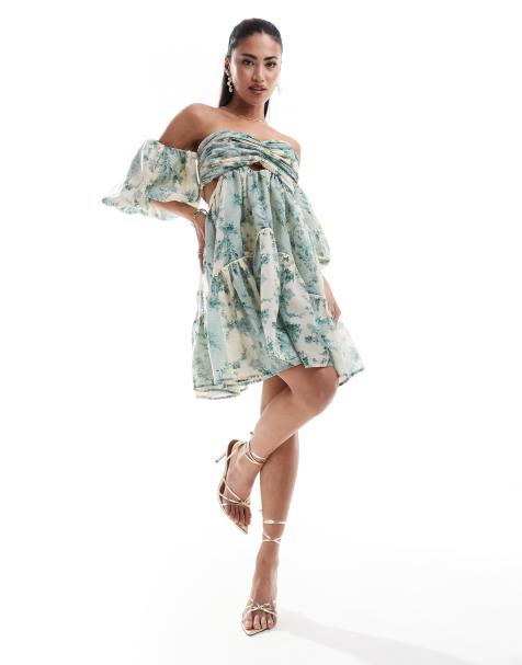 ASOS DESIGN - Vestito corto con scollo Bardot e maniche a sbuffo in voile a fiori con cut-out - view 1