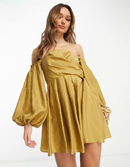 ASOS DESIGN Vestito corto con spalle scoperte e maniche a palloncino con bustino incrociato color pietra slavato