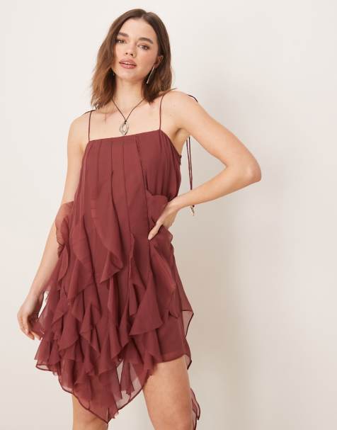 ASOS DESIGN - Vestito corto con spalline sottili e volant marrone cioccolato - view 1