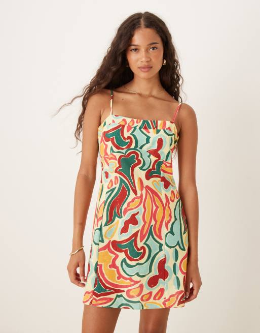 ASOS DESIGN - Vestito corto con spalline sottili in lino e cotone color block con stampa astratta