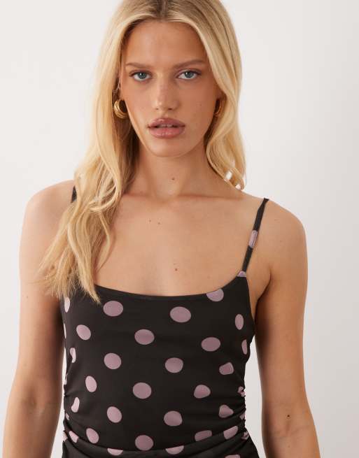 ASOS DESIGN - Vestito corto con spalline sottili in rete marrone a pois, 4 di 4