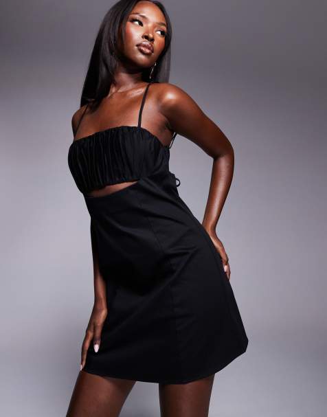 ASOS DESIGN - Vestito corto con spalline sottili nero con busto arricciato a contrasto - view 1
