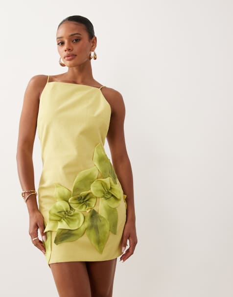 ASOS DESIGN - Vestito corto con spalline sottili verde lime con foglie 3D ricamate - view 1