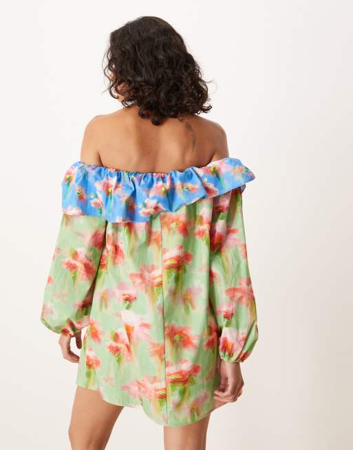 ASOS DESIGN - Vestito corto con stampa a fiori, volant e scollo alla Bardot, 2 di 4