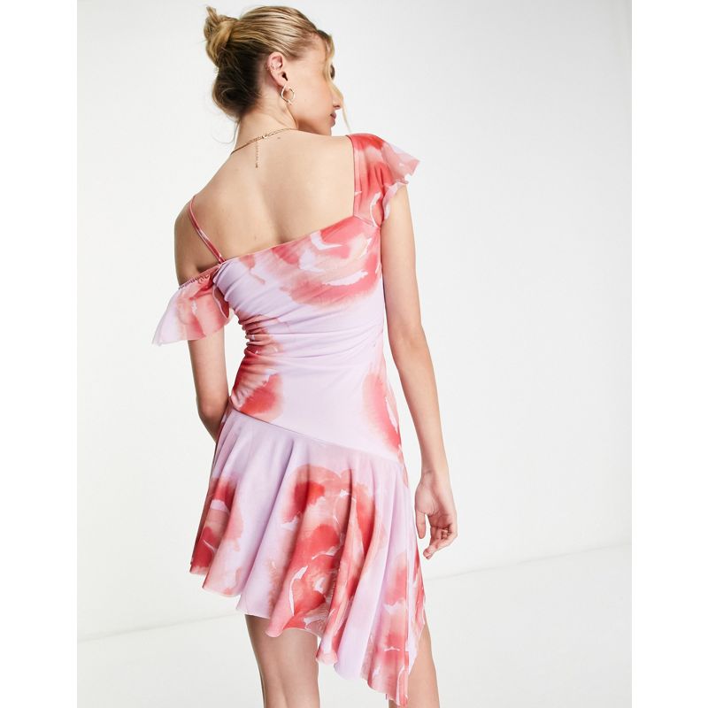 Donna Vestiti DESIGN - Vestito corto con volant e fondo asimmetrico lilla con stampa a fiori rossi