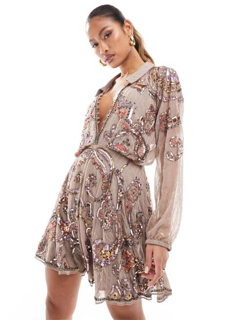 ASOS DESIGN - Vestito corto decorato color malva con colletto e passanti con bottoni