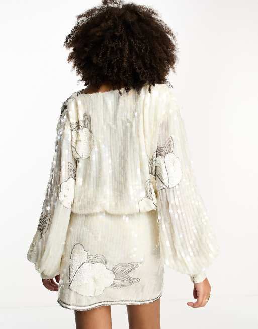 ASOS DESIGN - Vestito corto decorato con paillettes bianco a fiori, 2 di 4