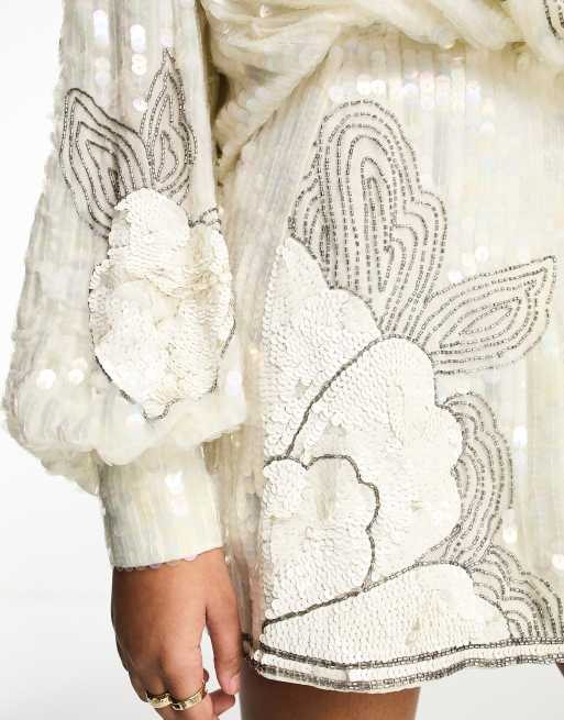 ASOS DESIGN - Vestito corto decorato con paillettes bianco a fiori, 4 di 4