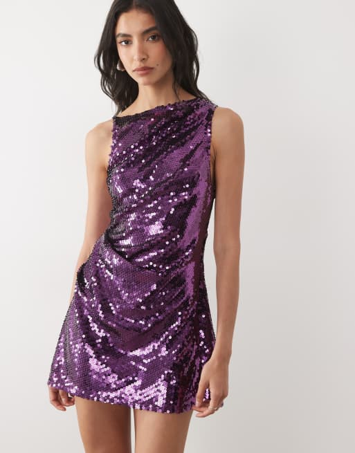 ASOS DESIGN vestito corto decorato con paillettes sparse, con scollo asimmetrico, viola, 2 di 4