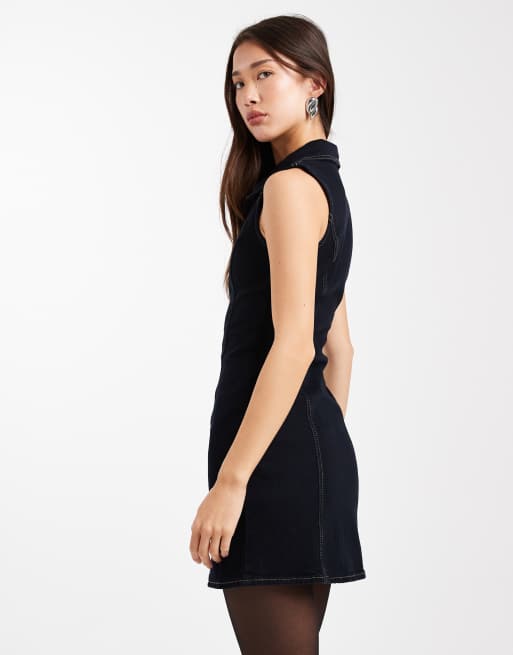 ASOS DESIGN - Vestito corto di jeans color nero slavato con zip e colletto, 4 di 4