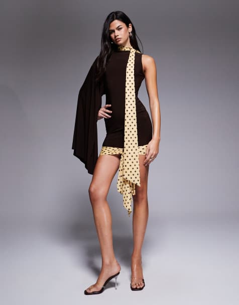 ASOS DESIGN - Vestito corto drappeggiato color cioccolato con sciarpa annodata e manica singola - view 1
