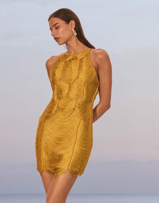 ASOS DESIGN - Vestito corto drappeggiato con frange verde chartreuse allacciato al collo, 3 di 4