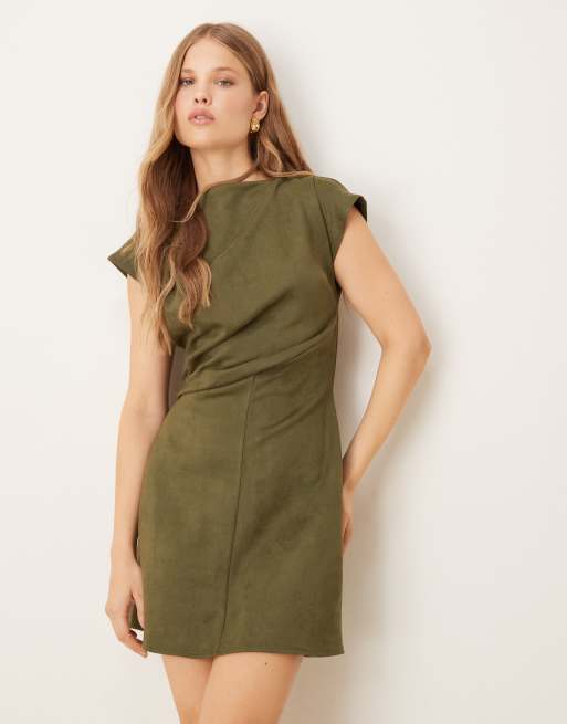 ASOS DESIGN - Vestito corto drappeggiato in tessuto effetto scuba scamosciato color kaki