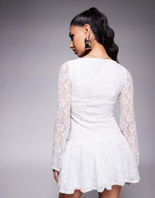 ASOS DESIGN - Vestito corto écru con maniche svasate in pizzo con vita scesa, 3 di 4