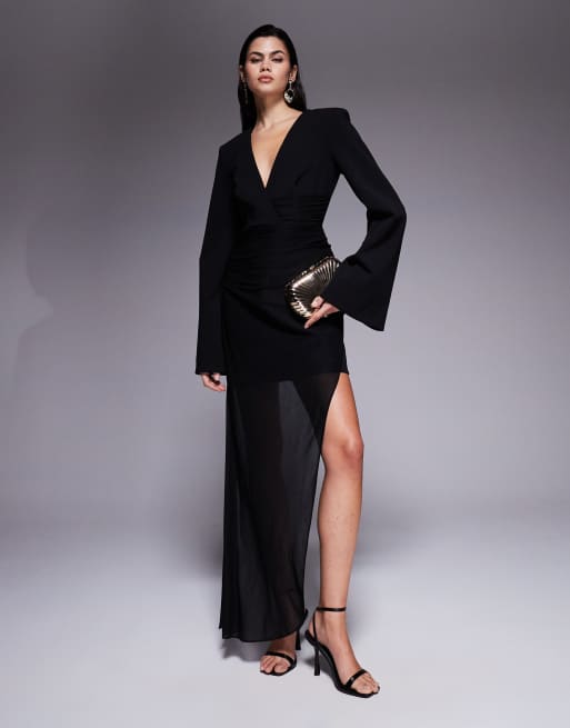 ASOS DESIGN - Vestito corto effetto blazer con gancetto dorato sul davanti, spalle e maniche oversize e strascico