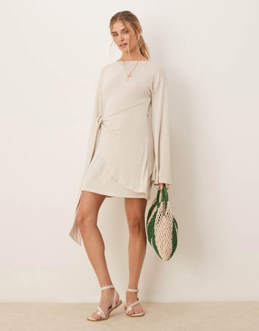 ASOS DESIGN - Vestito corto effetto lino color avorio a maniche lunghe