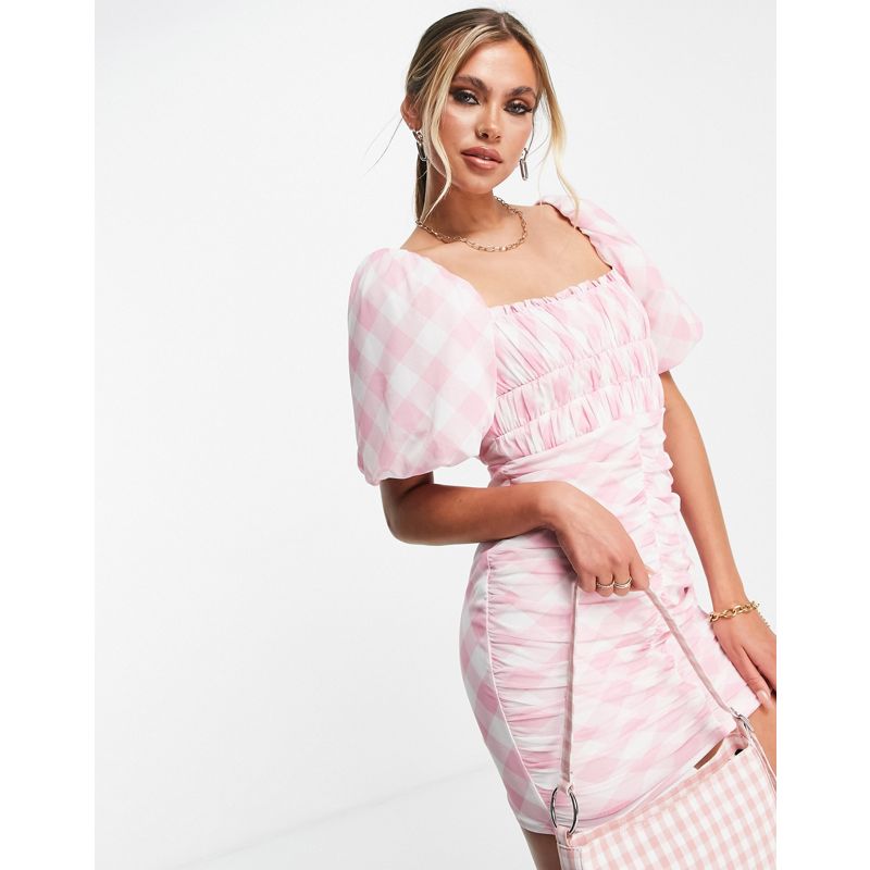 Donna uFnyf DESIGN - Vestito corto fasciante in rete arricciata rosa a quadretti con maniche a sbuffo