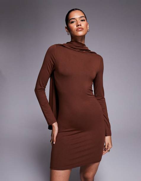ASOS DESIGN - Vestito corto fasciante marrone con sciarpa - view 1