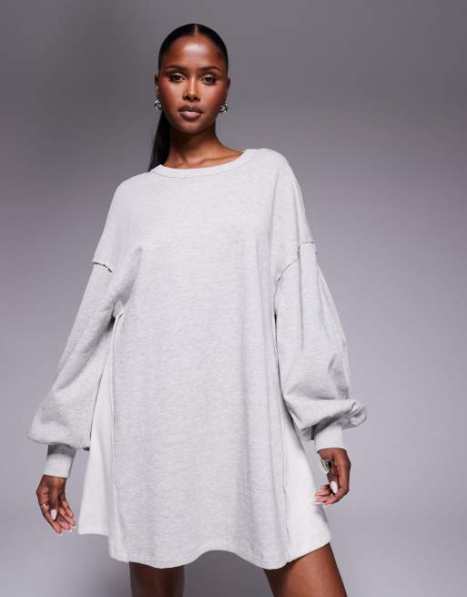 ASOS DESIGN - Vestito corto felpato a trapezio in cotone grigio mélange, 3 di 4