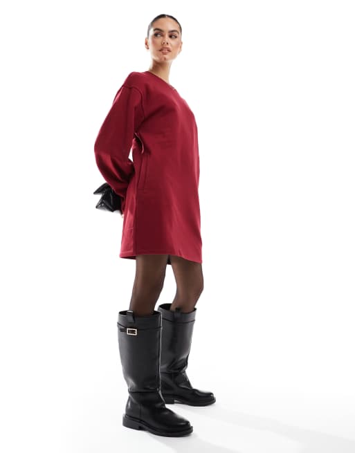 ASOS DESIGN - Vestito corto felpato bordeaux accollato con maniche cocoon, 2 di 4