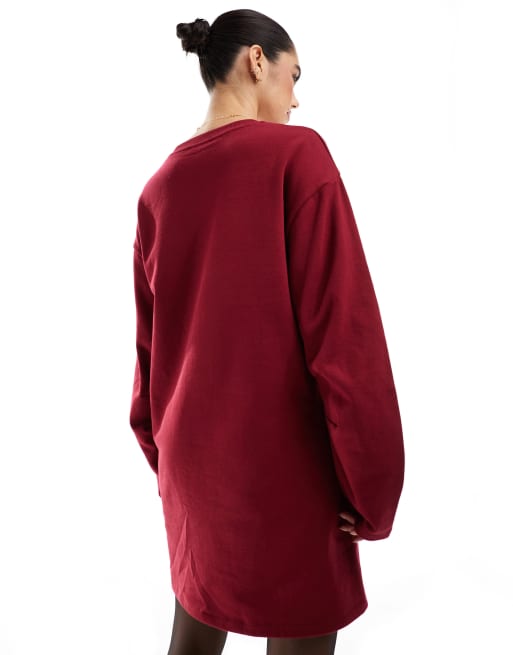 ASOS DESIGN - Vestito corto felpato bordeaux accollato con maniche cocoon, 4 di 4