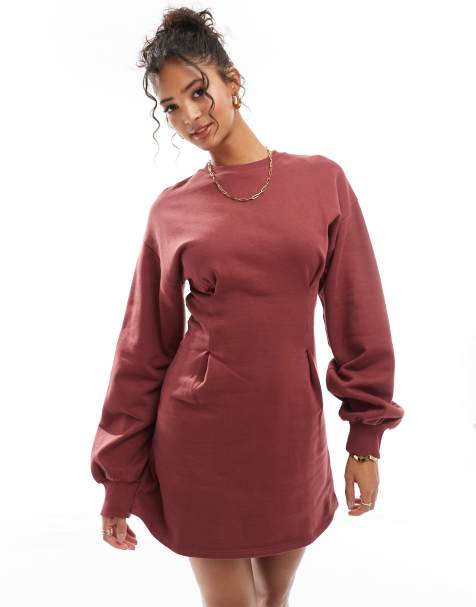 ASOS DESIGN - Vestito corto felpato color bordeaux stretto in vita - view 1