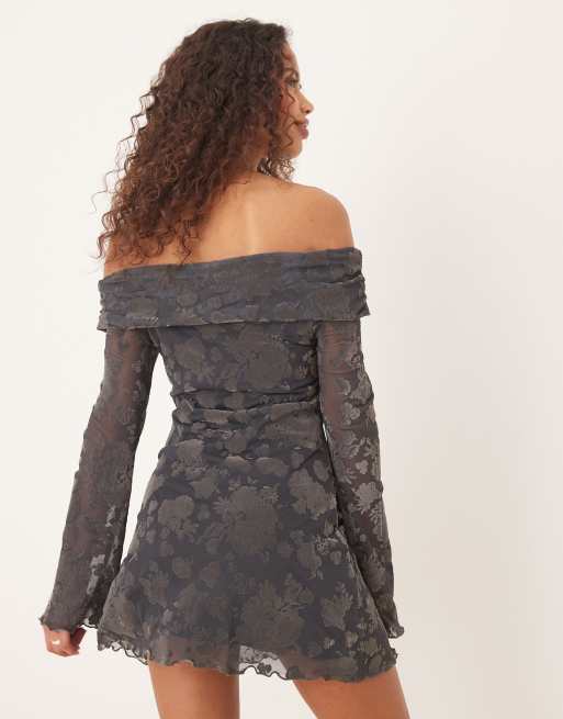 ASOS DESIGN - Vestito corto floccato color blu petrolio con spalle scoperte e scollo alla Bardot, 3 di 4