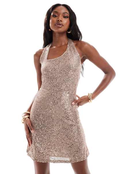ASOS DESIGN - Vestito corto fluttuante con scollo asimmetrico color moka con paillettes - view 1