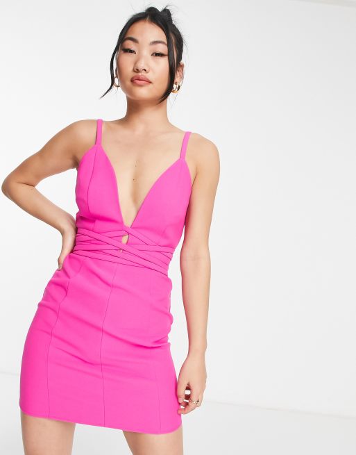 ASOS DESIGN - Vestito corto fucsia strutturato con spalline e laccetti, 4 di 4