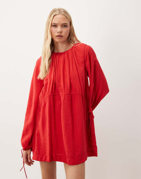 ASOS DESIGN vestito corto girocollo con vita arricciata e maniche a campana in rosso - view 1